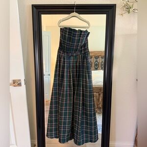 CRYSTAL DREAMS GREEN PLAID STRAPLESS MIDI DRESS - Size Small